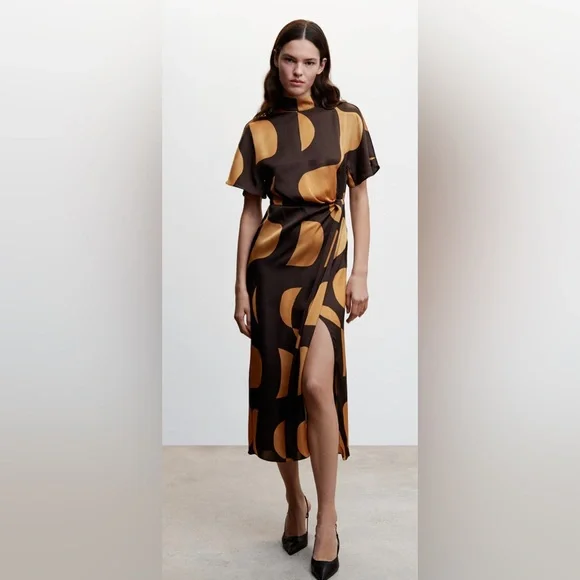 Mango Dark Brown and Gold Patterned Midi Dress - Picture 1 of 7